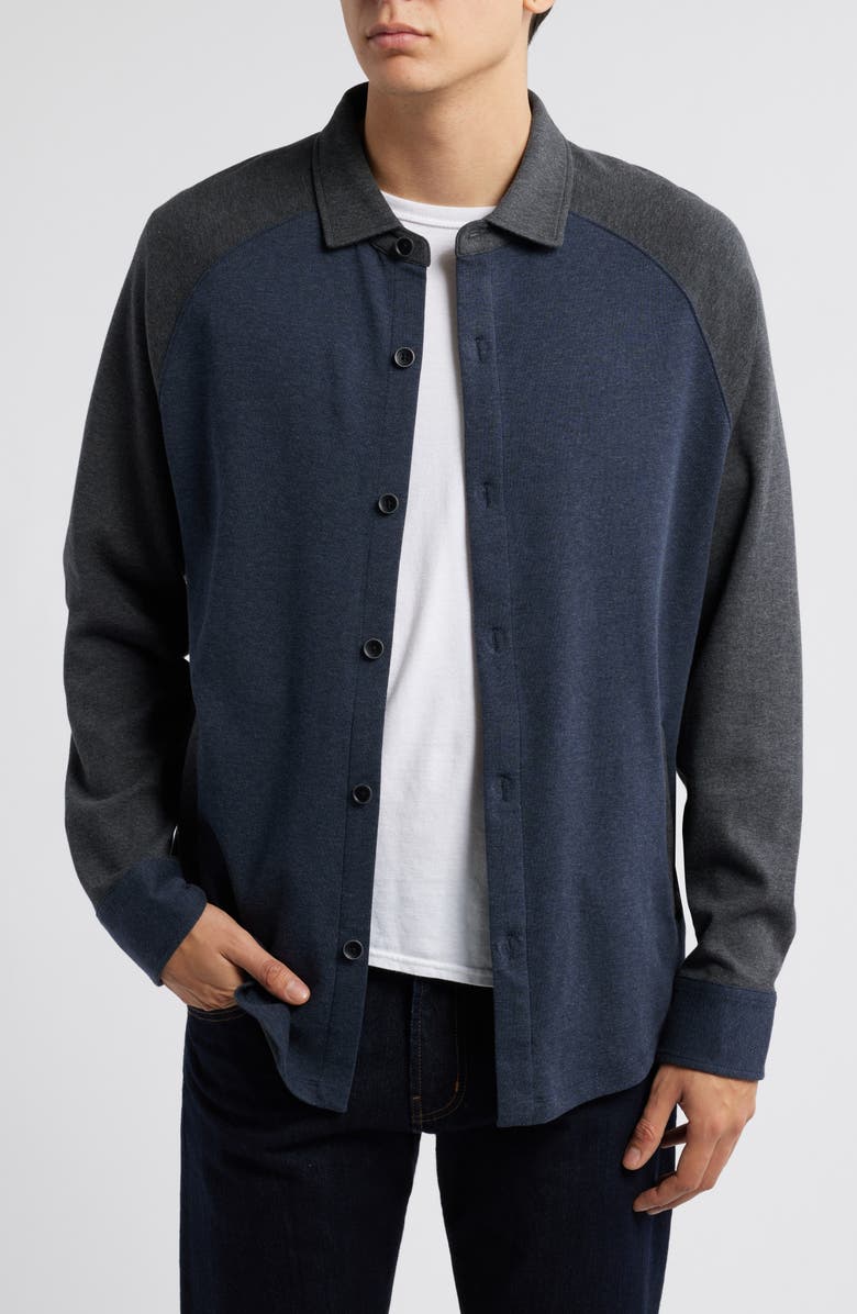 Robert Barakett Paolo Varsity Heathered Cotton Knit Button-Up Shirt, Main, color, Charcoal