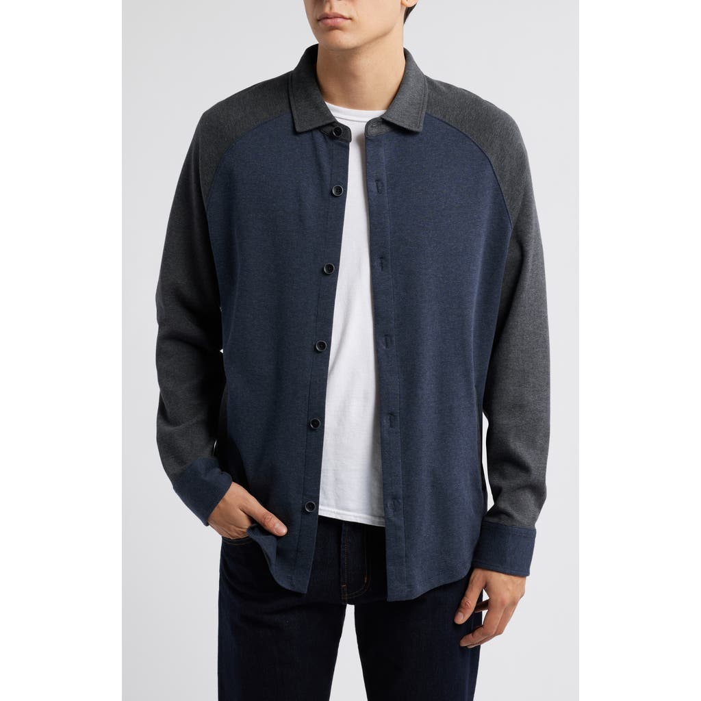 Robert Barakett Paolo Varsity Heathered Cotton Knit Button-up Shirt In Charcoal