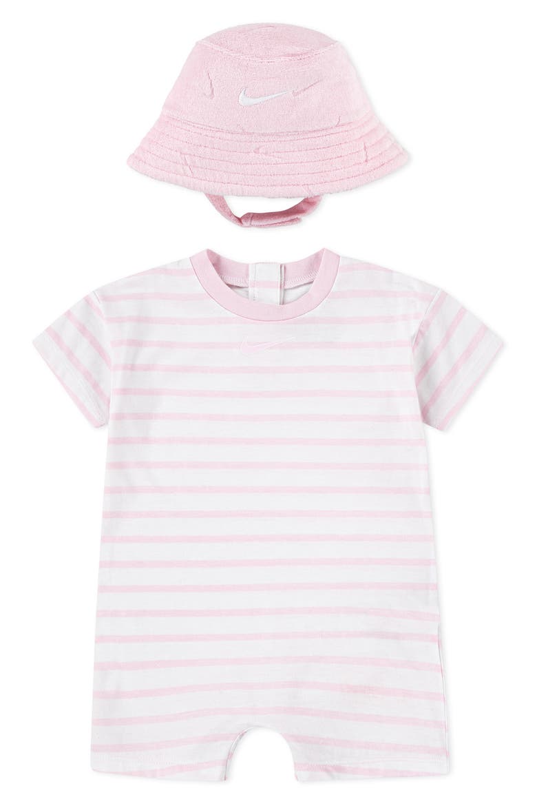 Cotton Blend Terry Romper & Hat Set, Main, color, PINK FOAM