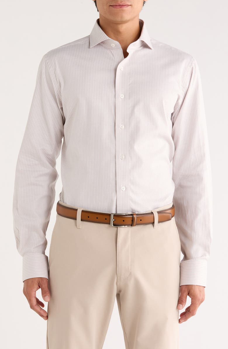 Lorenzo Uomo Trim Fit Stripe Textured Stretch Dress Shirt, Main, color, Tan