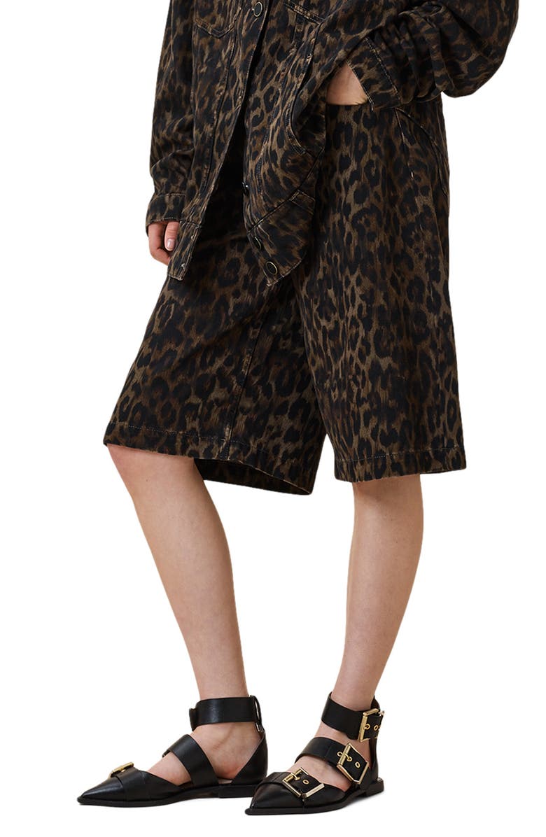 AllSaints Louie Leopard Long Denim Shorts, Alternate, color, Leppord Brown