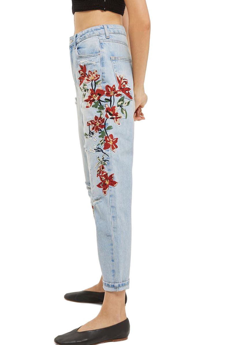 Topshop Fire Flower High Rise Ripped Mom Jeans, Alternate, color, 