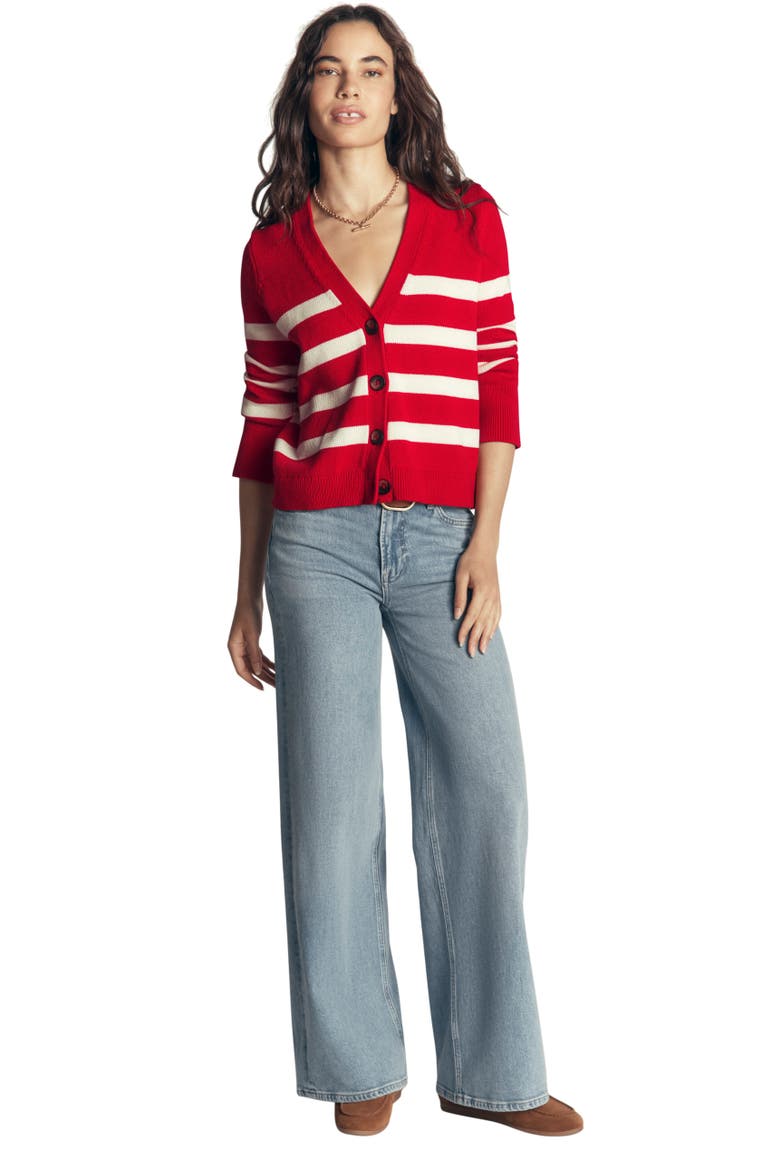 Lucy Relaxed Cotton Cardigan, Alternate, color, MERIDA RED, IVORY STRIPE