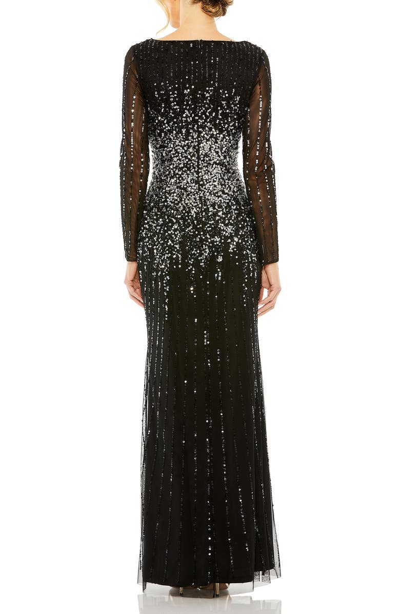 Mac Duggal High Neck Sequin Embellished Long Sleeve A Line Gown, Alternate, color, Black