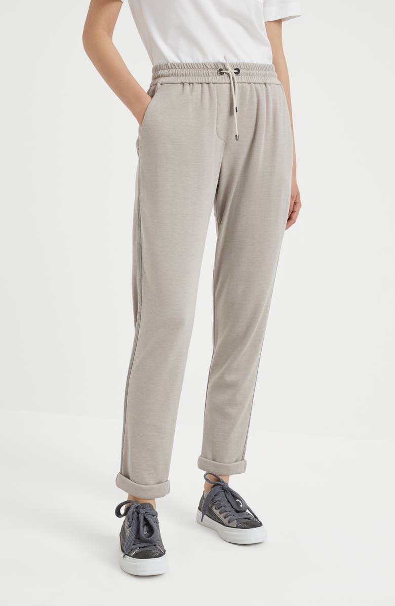 Brunello Cucinelli Comfort cotton and silk interlock trousers with Precious stripe, Alternate, color, 