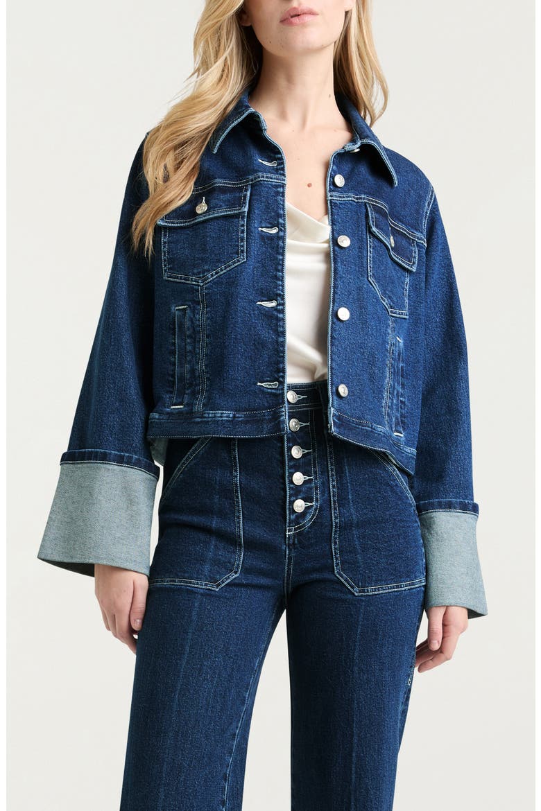 Isaline Wide Cuff Crop Denim Jacket, Main, color, OCEANE/ IVORY