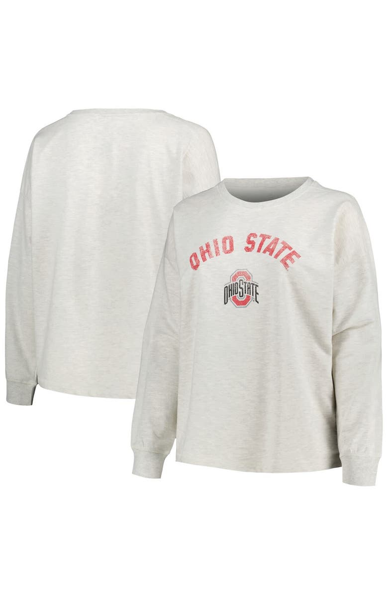 PROFILE Women's Profile Oatmeal Ohio State Buckeyes Plus Size Distressed Arch Over Logo Neutral Boxy Pullover Sweatshirt, Main, color, 