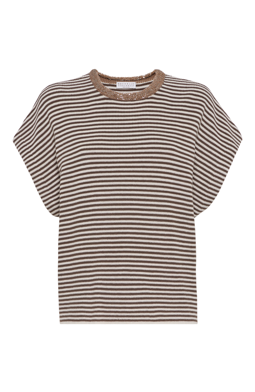Brunello Cucinelli T-shirt With Dazzling Collar Insert In Brown