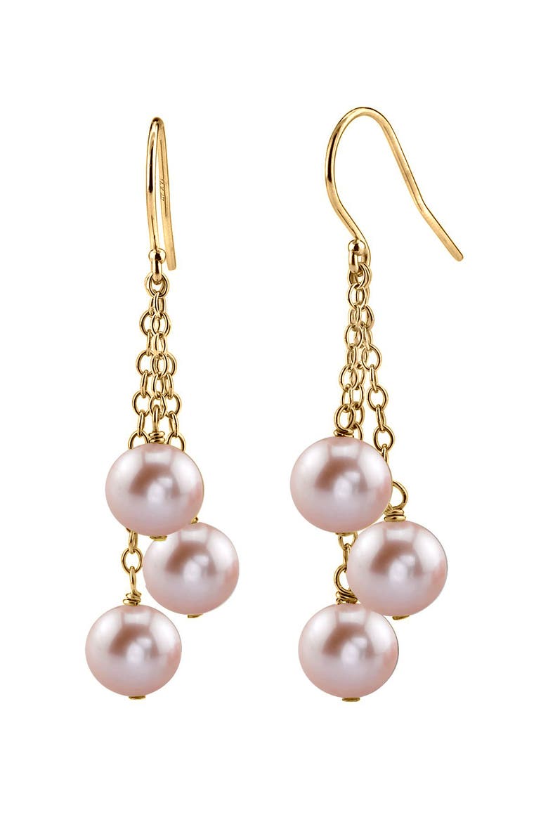 14K Gold Pink Freshwater Pearl Dangling Cluster Earrings, Main, color, Yellow Gold