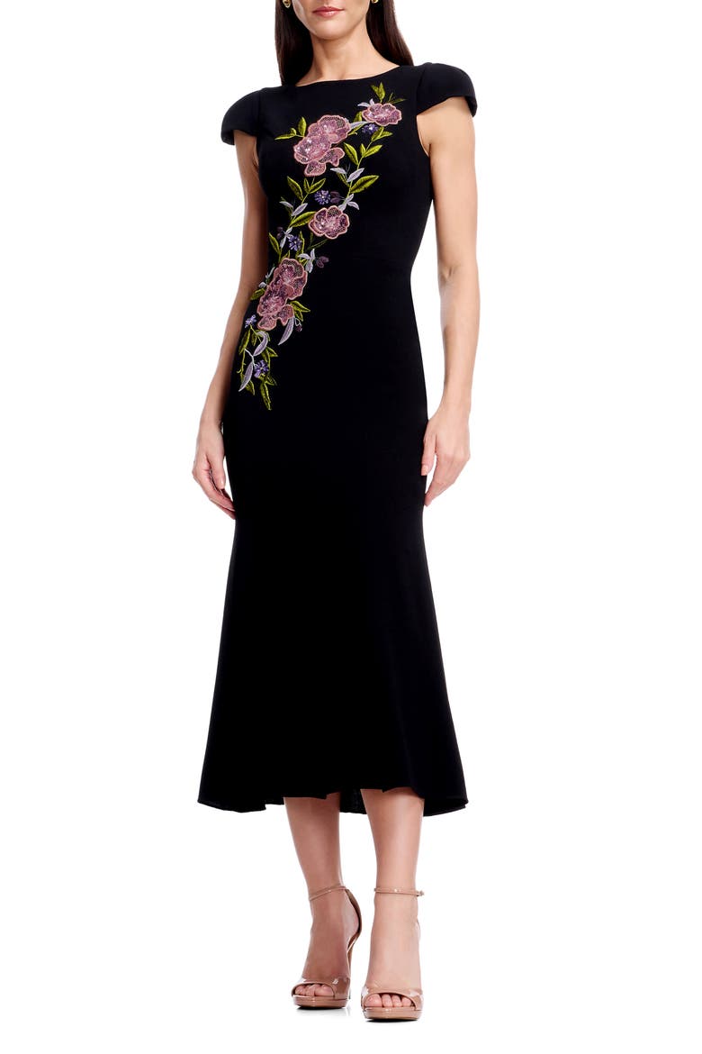 Sheryl Floral Appliqué Midi Cocktail Dress, Main, color, BLACK MULTI