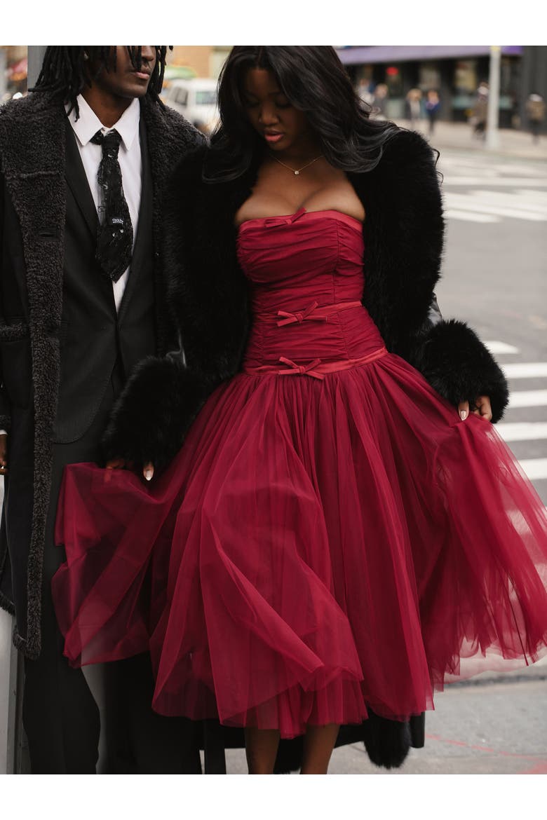Mabel Drop Waist Layered Mesh Midi Puffy Dress with Bow, Alternate, color, Burgundy