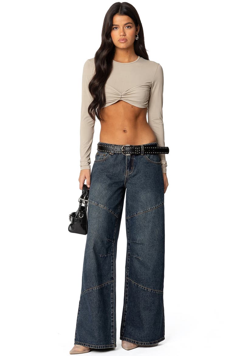 Gathered Long Sleeve Crop Top, Alternate, color, BEIGE