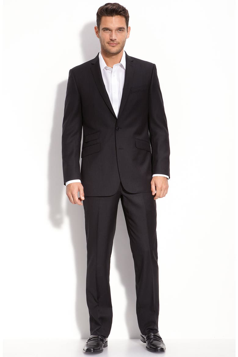 Black Stripe Wool Suit, Main, color, BLACK