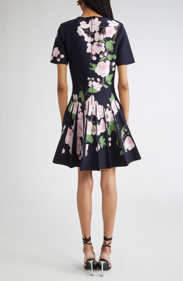 Oscar de la Renta Cherry Blossom Pleated Jacquard Knit Fit & Flare Dress, Alternate, color, Navy/ Pink