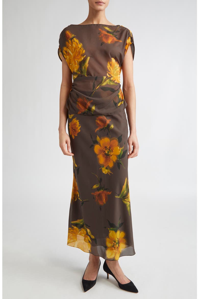 Floral Chiffon Bias Cut Skirt, Alternate, color, CHOCOLATE MULTI