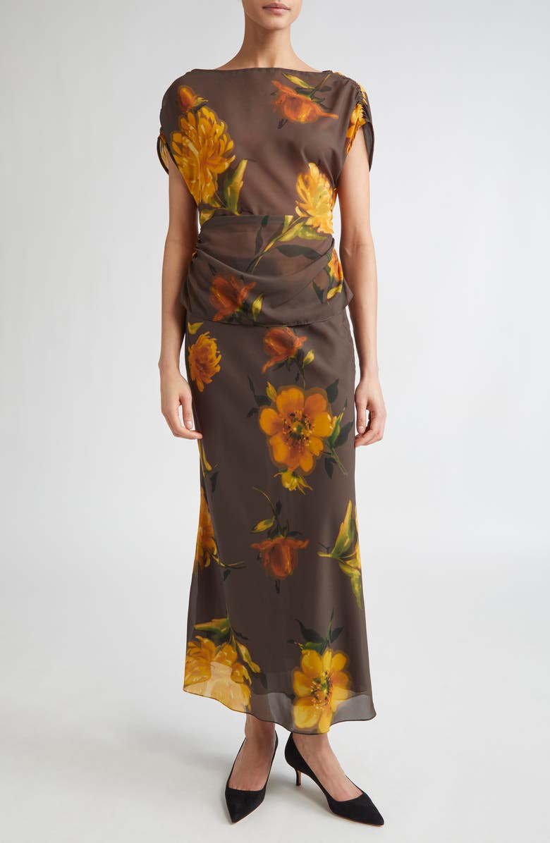 Lela Rose Floral Shirred Cap Sleeve Chiffon Top, Alternate, color, Chocolate Multi