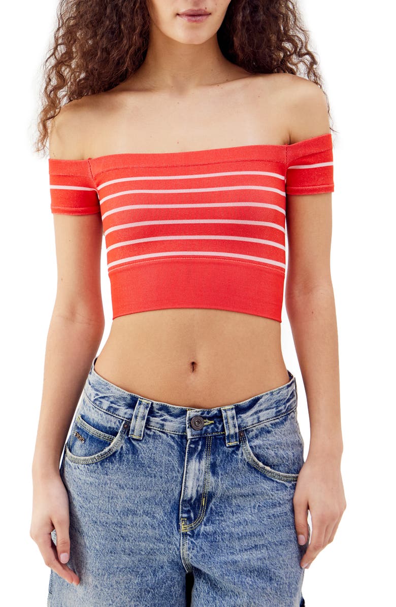 BDG Urban Outfitters Stripe Rib Off-the-Shoulder Crop Top, Main, color, Red