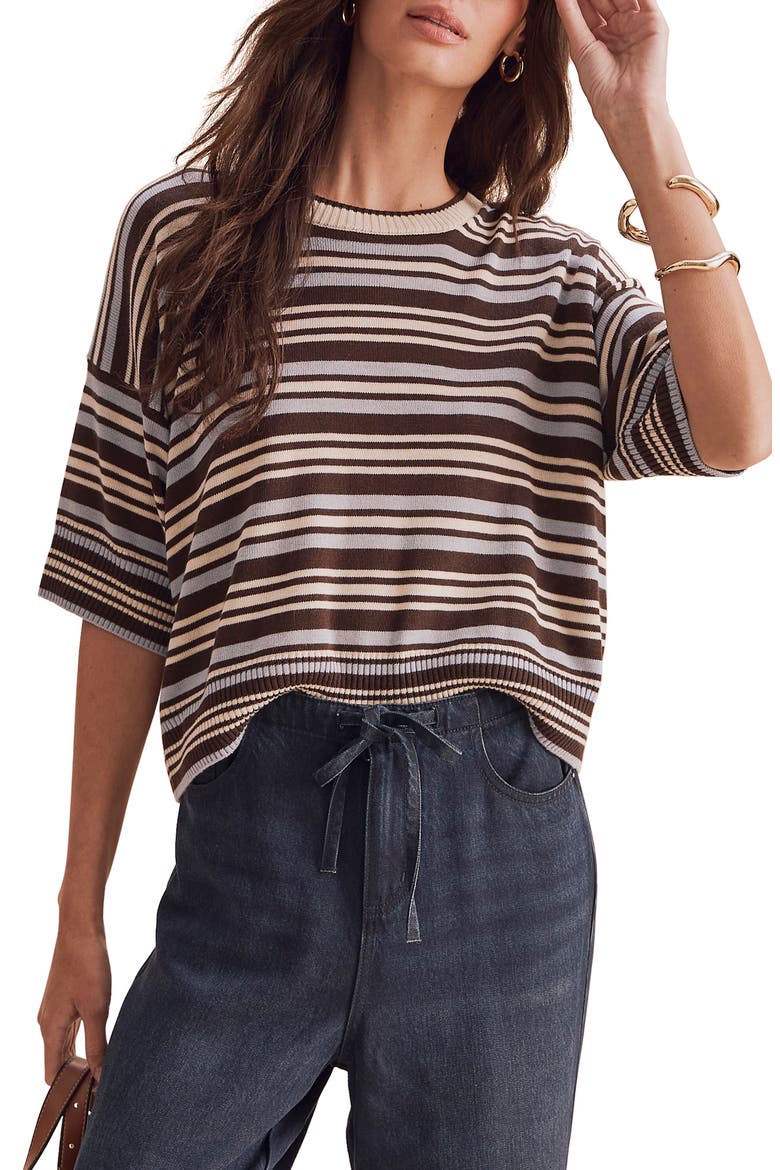 Georgie Stripe Short Sleeve Sweater, Main, color, BLUE MIST/ JAVA/ PALE OAK