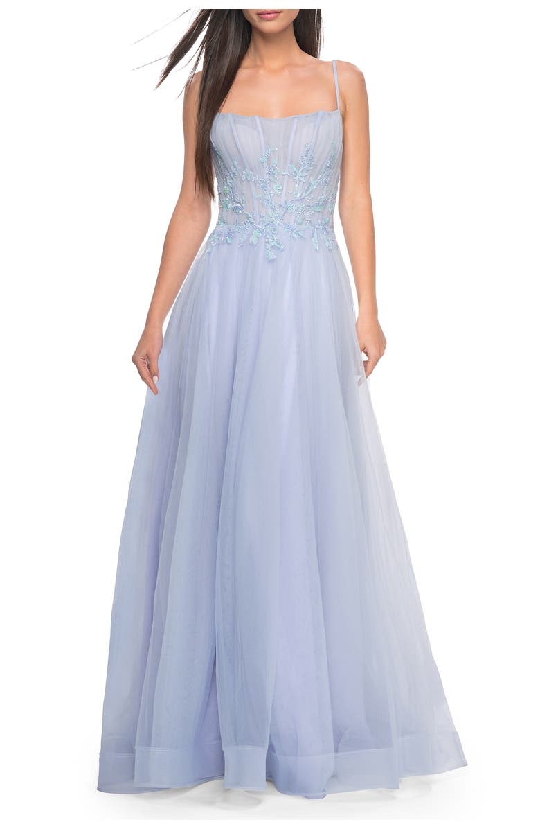 La Femme Tulle A-line Dress with Beaded Lace Waist and Square Neckline, Alternate, color, Light Periwinkle