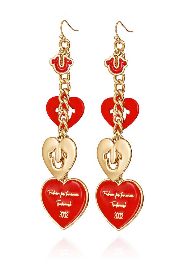 Cascading red heart linear earring, Alternate, color, GOLDTONE