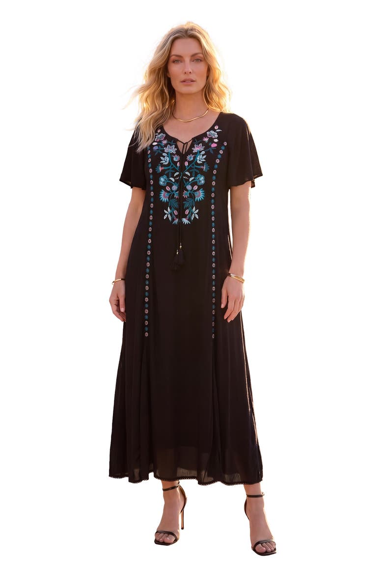 Plus Size Flutter Sleeve Hand Crinkled Maxi Dress Curvy A Line, Main, color, BLACK MANDEVILLA VINES