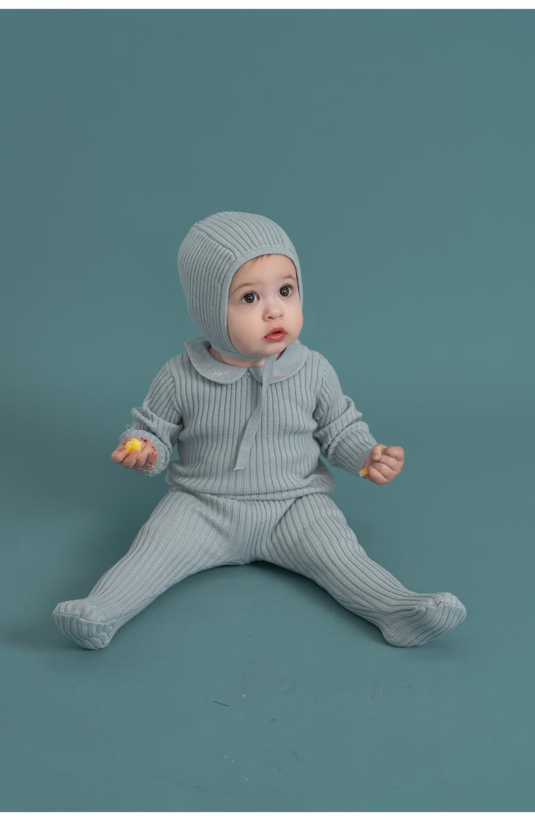 Space Grey Ruffle Collar Knitted Romper and Bonnet, Alternate, color, Dark Almond