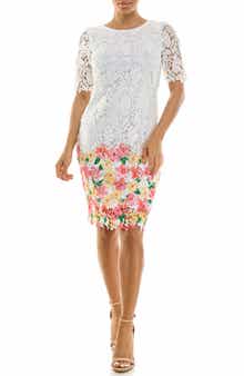 Nina Leonard Floral Elbow Sleeve Lace Sheath Dress