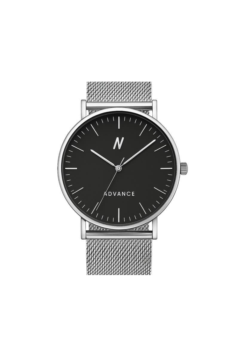 Advance Night Cap Mesh Bracelet Watch, 40MM, Main, color, Hushed Silver/Obsidian Black