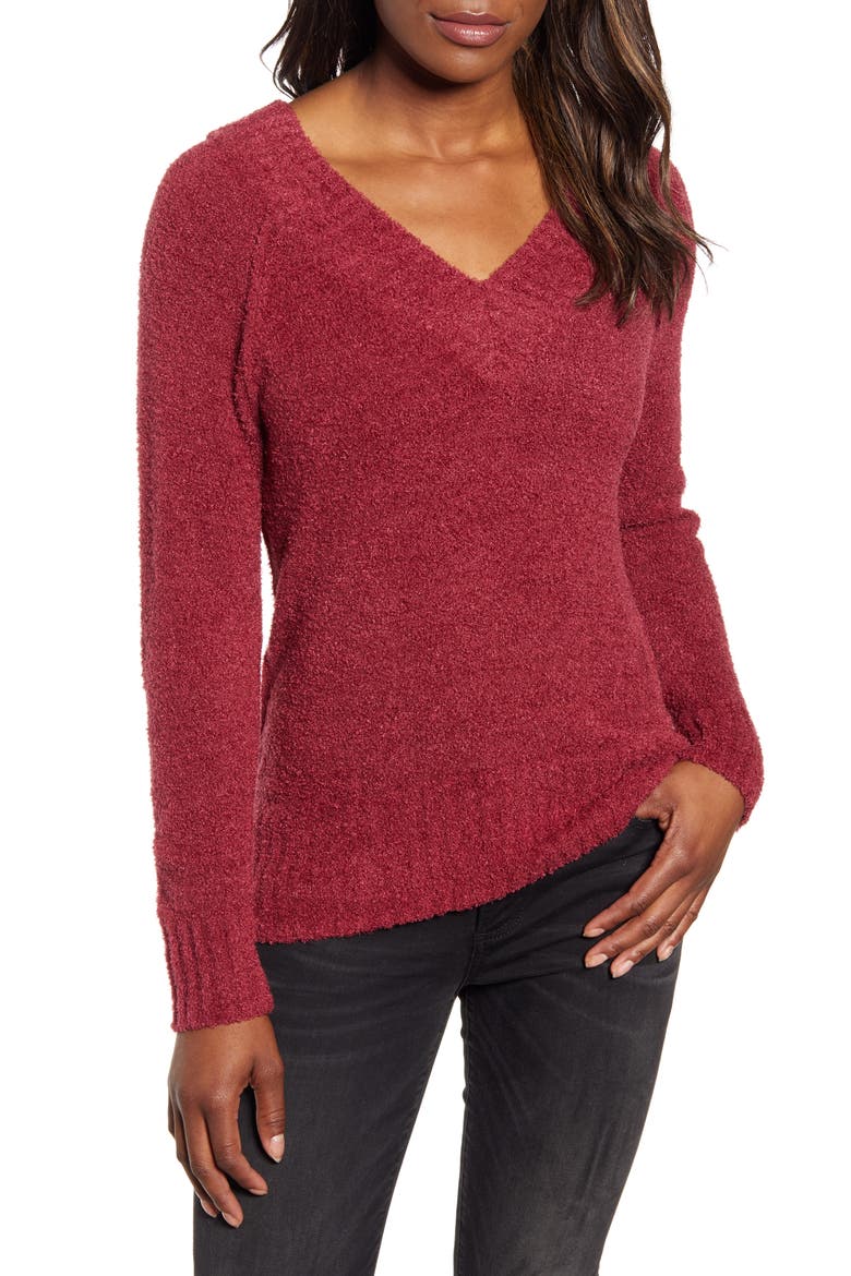 Plushy Double V-Neck Pullover, Main, color, RED CORDOVAN