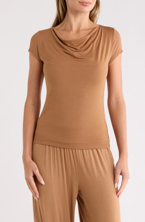 Solid Cowl Neck Cap Sleeve T-Shirt