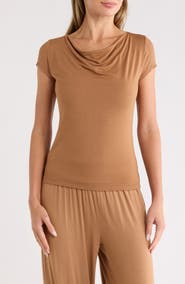 Renee C Solid Cowl Neck Cap Sleeve T-Shirt