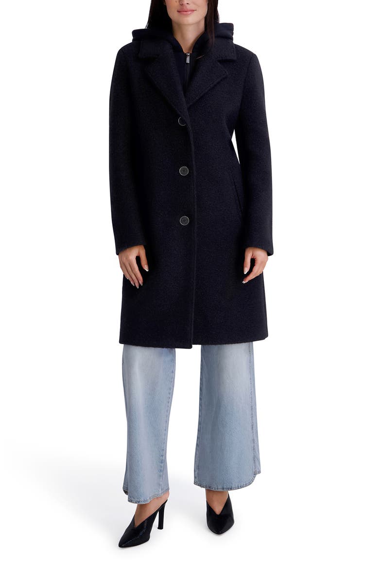 Textured Coat with Hoodie Bib, Alternate, color, BLACK