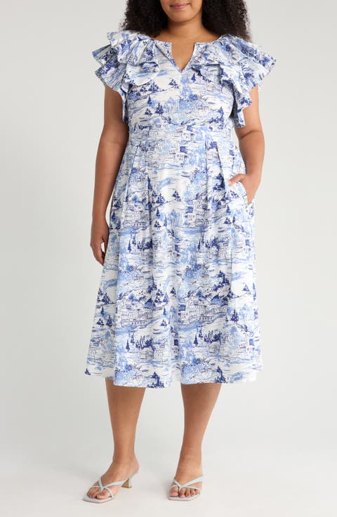 Santana Toile Sky Cotton Midi Dress (Plus)