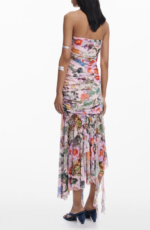 Desigual Ruched Ruffle Hem Asymmetric Maxi Dress In Multi