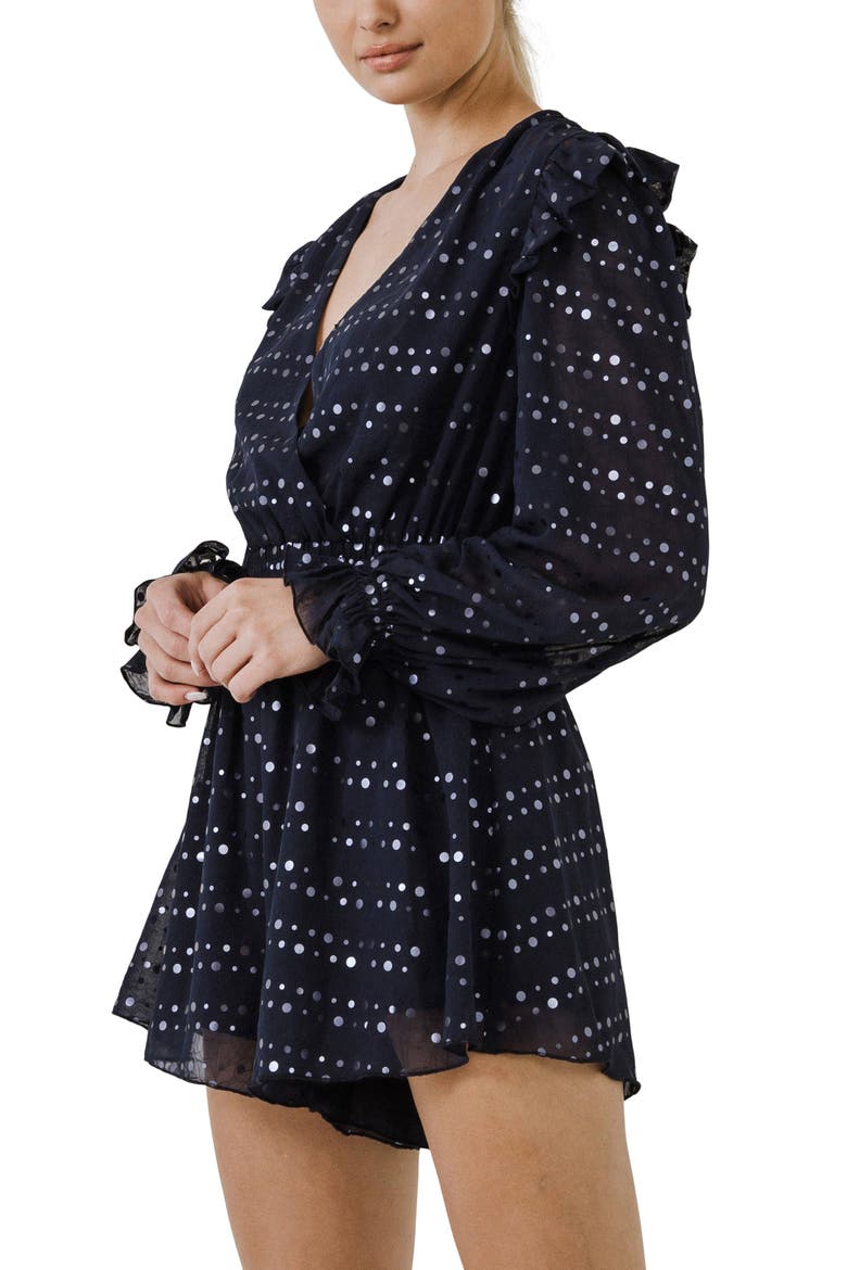Dot Print Long Sleeve Chiffon Romper, Alternate, color, NAVY