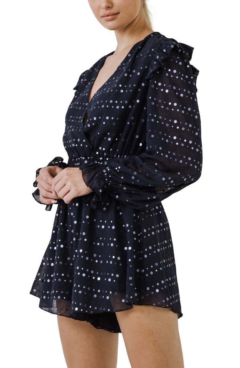 Endless Rose Dot Print Long Sleeve Chiffon Romper, Alternate, color, Navy