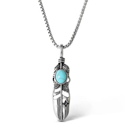 Womens Feather Necklace with Turquoise Stone, Silver-Tone Turquoise Necklace Long 23"