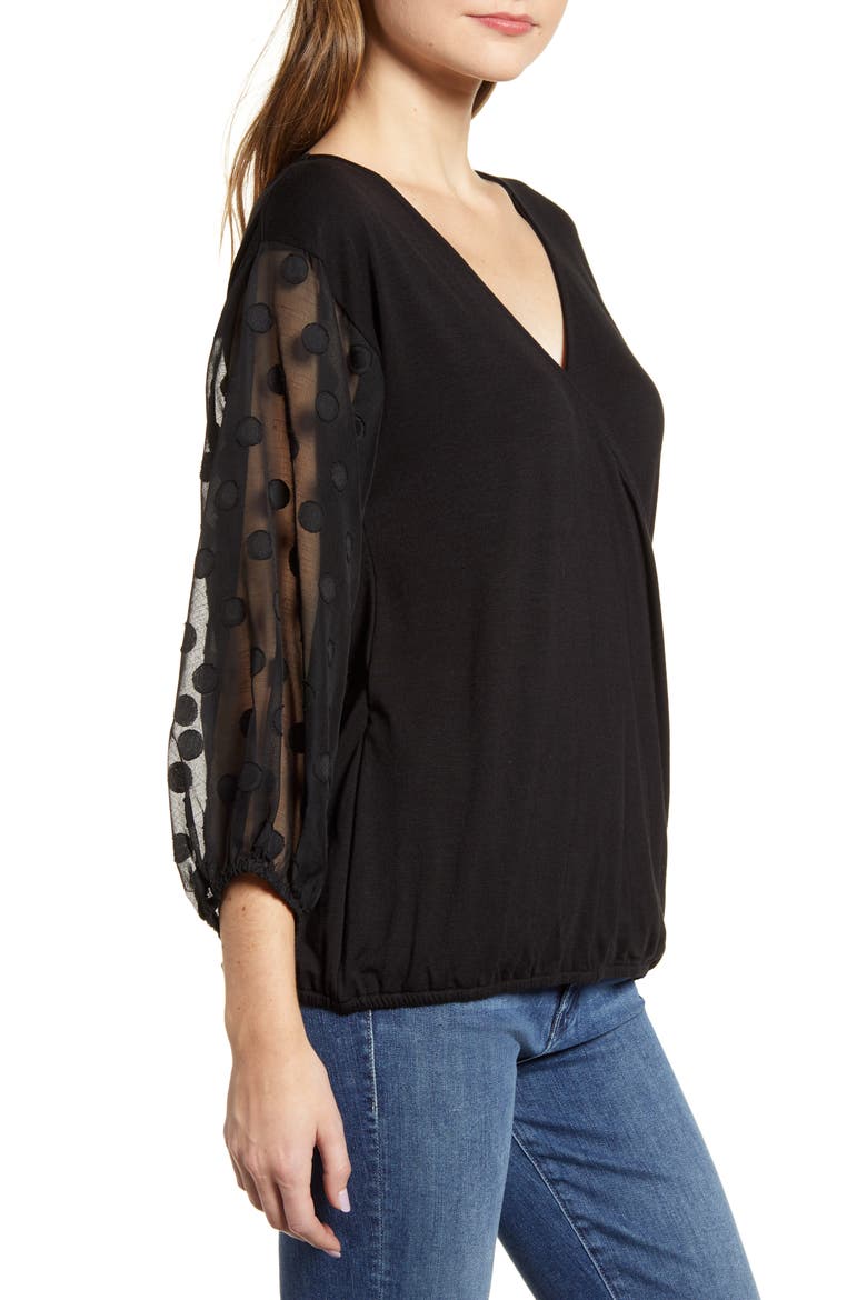 Dot Chiffon Sleeve Faux Wrap Top, Alternate, color, BLACK