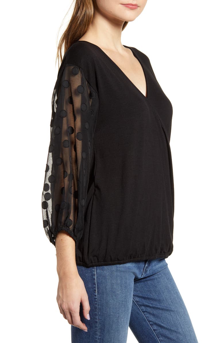 Loveappella Dot Chiffon Sleeve Faux Wrap Top, Alternate, color, 