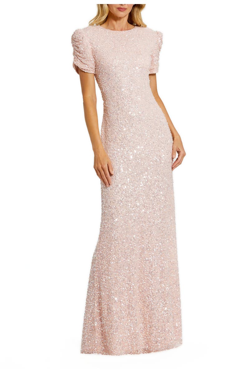 Mac Duggal Women's Embellished Mesh High Neck Puff Sleeve Gown, Main, color, Blush