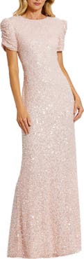 Mac Duggal Petite Gathered Short Sleeve Beaded Gown