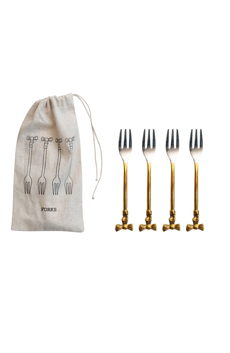 Storied Home 4-Piece Appetizer Forks with Gold Finish Bow Handles, Stainless Steel and Brass, Main, color, Brass