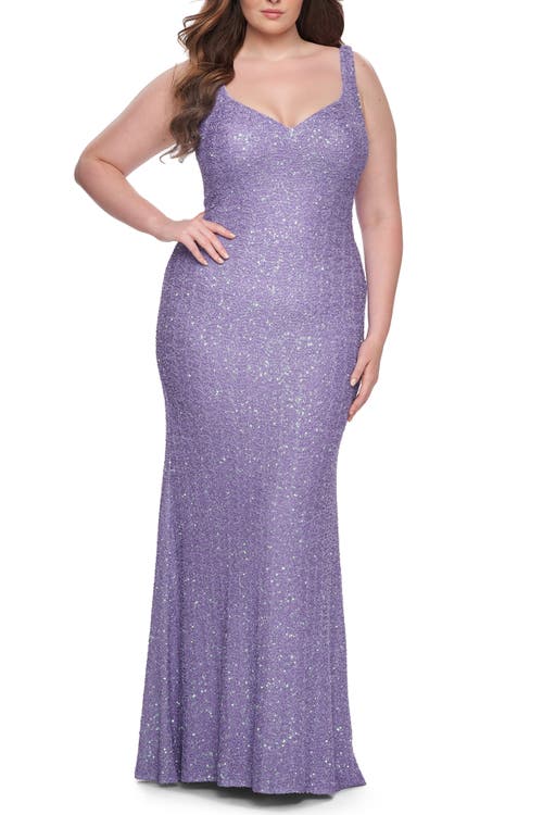 La Femme Fitted Stretch Sequin Plus Size Dress With V-neck