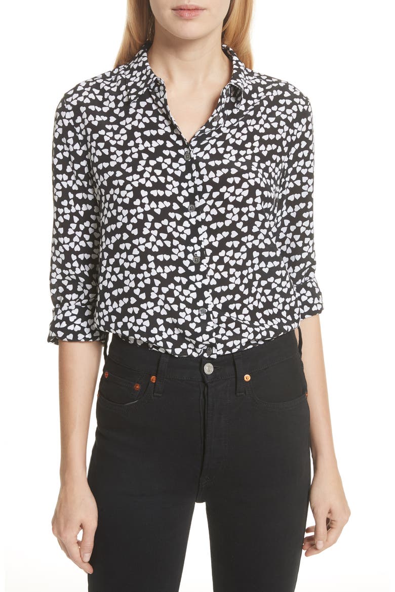 Essential Heart Print Silk Shirt, Main, color, TRUE BLACK-BRIGHT WHITE