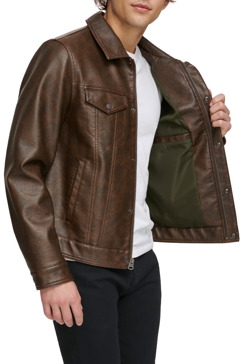 Faux Leather Trucker Jacket, Alternate, color, BROWN
