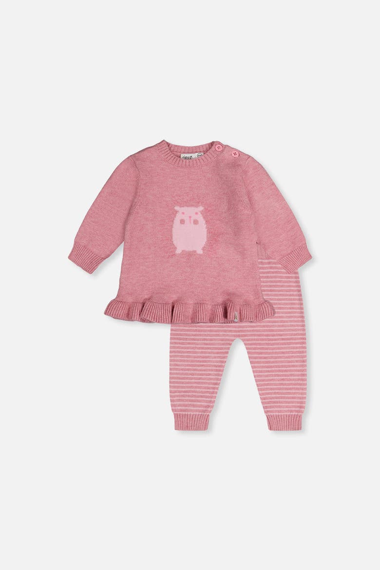 Knitted Hedgehog Ruffle Top and Striped Pants Set, Main, color, Dusty Pink