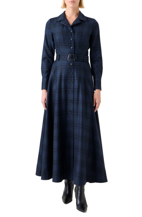 Plaid Long Sleeve Wool Flannel Belted Shirtdress