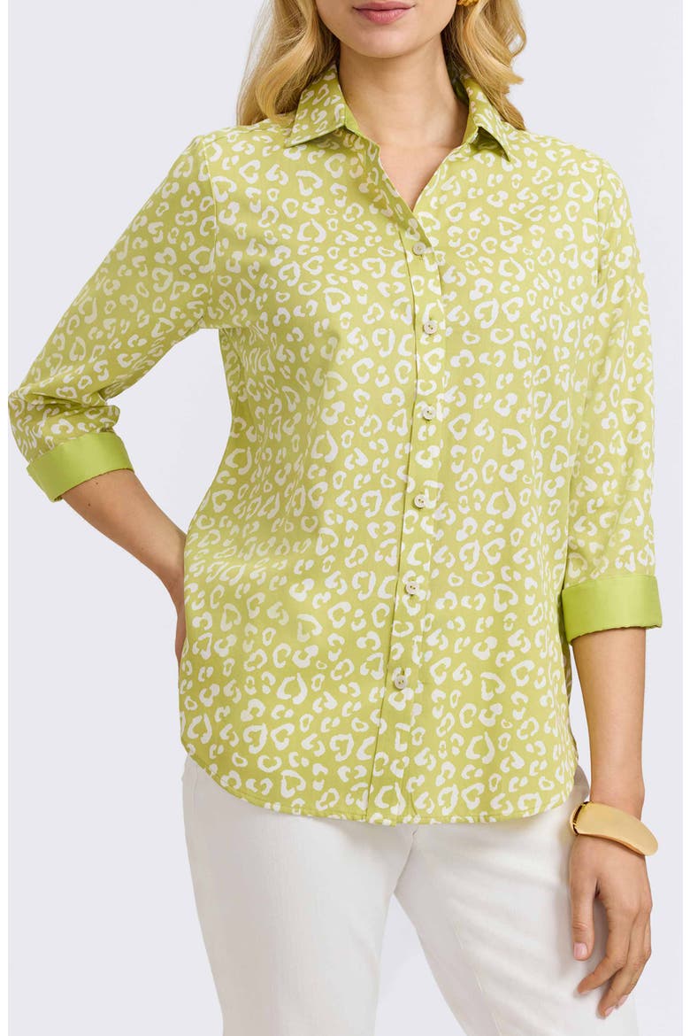 Margie Leopard Print Three-Quarter Sleeve Cotton Button-Up Shirt, Main, color, CHARTREUSE MULTI