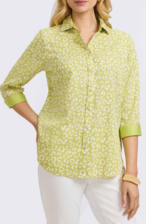 Margie Leopard Print Three-Quarter Sleeve Cotton Button-Up Shirt