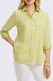 Foxcroft Margie Leopard Print Three-Quarter Sleeve Cotton Button-Up Shirt